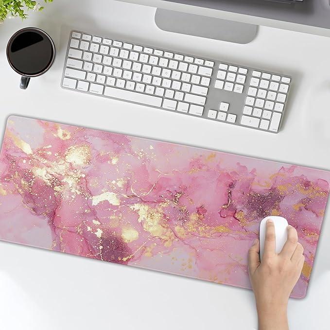 Gold Pink Marble Mouse Pad Extended Large 35.4x15.7in Coquette Kawaii Desk Mat Preppy Trendy Computer Mousepad XL Non-Slip Rubber Base Stitched Edge Rose Gold Mousepad PC Desk Pad for Work Desktop