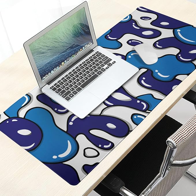 Navy Blue White Mouse Pad Extended Large 35.4x15.7in Japanese Geometric Desk Mat Anime Cool Large Mousepad XL Non-Slip Rubber Base Stitched Edge Gaming Mousepad PC Computer Desk Pad for Work Desktop