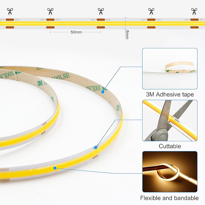 AXMOTUT 32.8ft COB LED Strip Light Warm White, High Bright LED Strips with 320LEDs, RF Remote and UL Power Supply, 2700K Dimmable LED Lights for Bedroom,Kitchen, DIY Home Decoration, 2 Rolls of 16.4ft