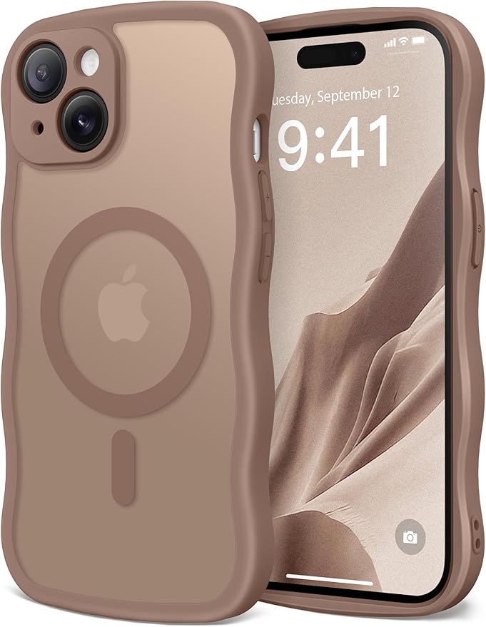 CAPRARO Cute for iPhone 15 Plus Case, Compatible with MagSafe, [Curly Wave Edge] [Full Camera Protection] [14 FT Drop Protection] Magnetic Phone Case for 15 Plus 6.7 Inch, Brown