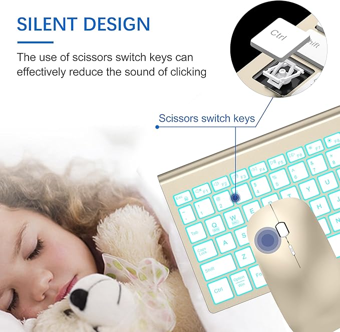 TopMate Wireless Keyboard and Mouse Ultra Slim Combo, 2.4G Silent Compact USB 2400DPI Mouse and Scissor Switch Backlit Keyboard Set, for PC/Laptop/Windows/Mac/Gaming - Gold White
