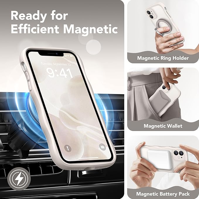 CAPRARO Cute for iPhone 11 Case, Compatible with MagSafe, [Curly Wave Edge] [Full Camera Protection] [14 FT Drop Protection] Magnetic Phone Case for 11 6.1 Inch, Stone