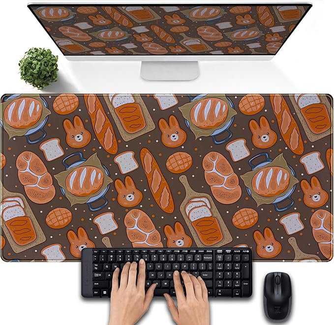 Kawaii Desk Mat Cute Mouse Pad Large Gaming Desk Pad, Bunny Bread Keyboard Mat Extended, Full Desktop Computer Mouse Mat XXL, Pastries Food Desk Decorations for Women Office 31.5x15.7 Inch
