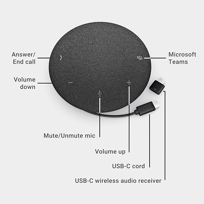 Dell Pro Plus Wireless Speakerphone - SL525 - USB-C, Zoom/Microsoft Teams Certified, Wired/Wireless, Bluetooth 5.3, Omni-Directional, AI-Based Noise Cancellation