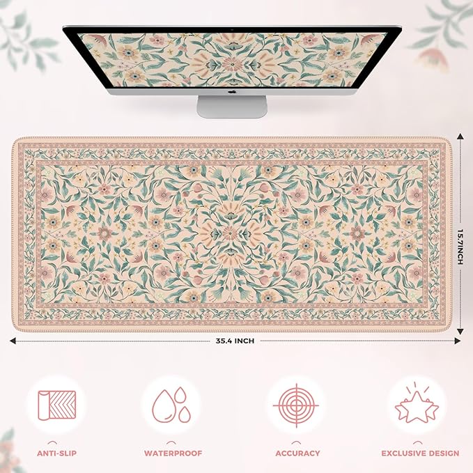 iLeadon Desk Mat for Keyboard and Mouse, Cute Mouse Pads for Computer, Non-Slip Floral Gaming Mousepad 35.4x15.7 Inch, Pink Desk Mat with Stitched Edges for Home Office (Pink)
