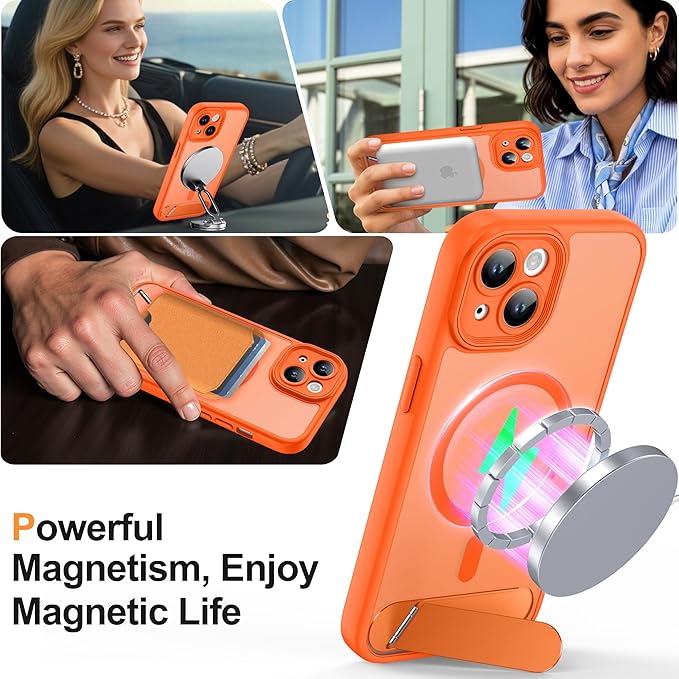 Magnetic Compatible with iPhone 15 Case, [Built-in Invisible Kickstand][Compatible with MagSafe][Full Camera Protection] Translucent Matte Phone Case for iPhone 15 6.1",Orange