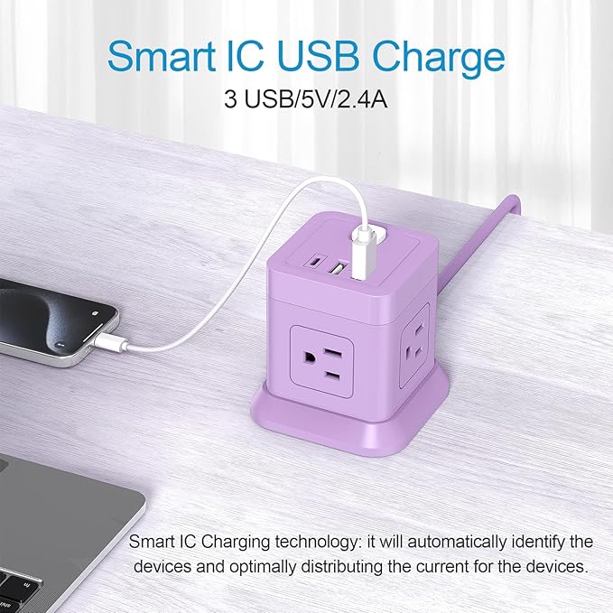 Cube Power Strip, FDTEK 4 Widely Spaced Outlet with 3 USB (1 USB C) Flat Plug Power Strips with Long Extension Cords Space Save Compact Portable for Travel Home Office Cruise (Purple) 10FT