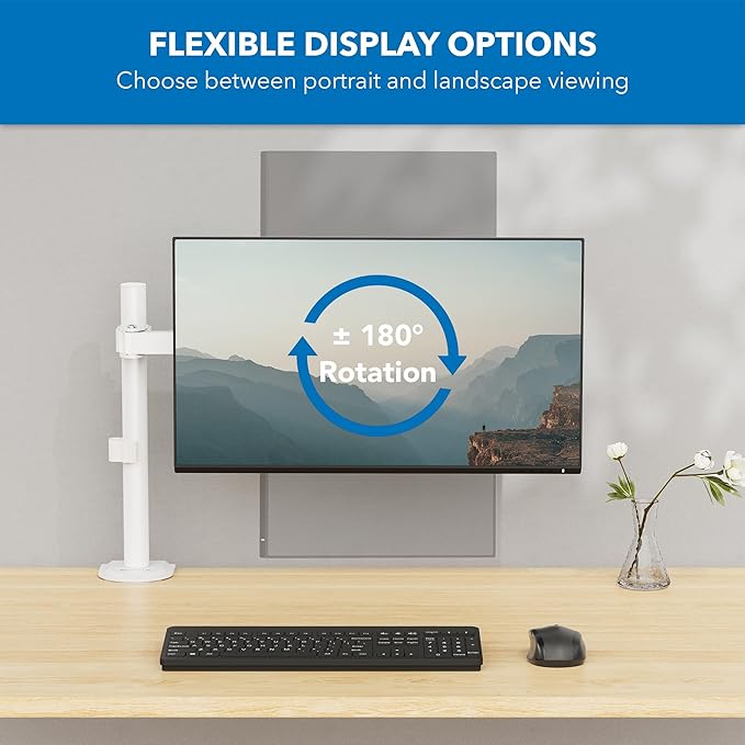 Mount-It! Single Monitor Arm 17" to 32", Full Motion Adjustment with Tilt, Rotation, Swivel, Height Adjustment Along Pole, Clamp or Grommet Mounting, Monitor Desk Mount VESA 75x75 and 100x100, White
