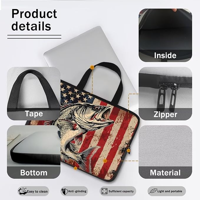 American Flag Fish Laptop Sleeve, Shockproof Laptop Tote Bag, Computer Bag Fits Up to 17 Inch, Zipper Tablet Sleeves Carrying Case for 4th of July USA 250 Years, Notebook Briefcase