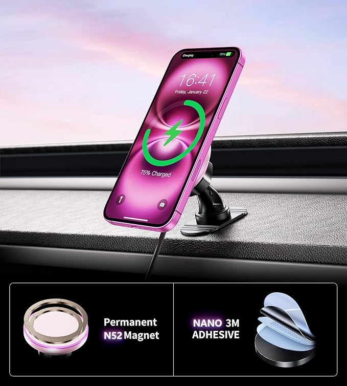 BHHB for Magsafe Car Mount Charger, [2026 Upgrade] 15W 2in1 Magnetic Wireless Car Charger, for Magsafe Car Charger, Vent/Dashboard Phone Holder, ONLY for iPhone 17 16 15 14 13 12 Series (Pink)