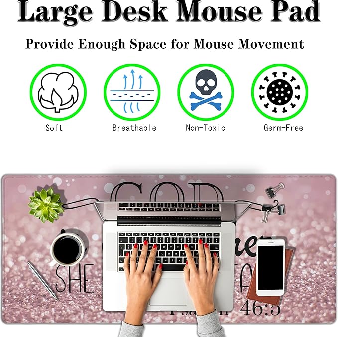 Gaming Mouse Pad Pink Desk Pad, XXL Mouse Pads Desk Decor for Girls Keyboard Pad, Oversized Mouse Pad Non-Slip Rubber Base, 35.4 X 15.7 in for Work/Game/Office She Will Not Fall- Bible Verse