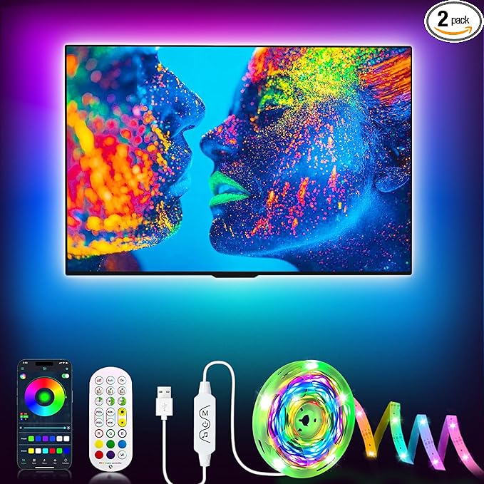 Daymeet TV Led Backlight, 23ft LED Lights for TV Behind for 75-100 inch, RGB Glow USB Led Light Strip for TV Lighting Color Changing Music Sync Bluetooth APP Control for Bedroom HDTV