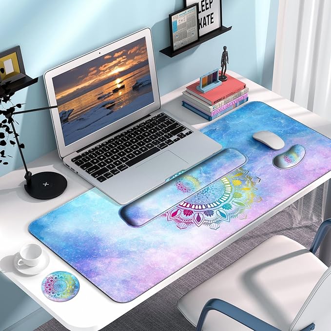 Keyboard Wrist Rest + Mouse Pad with Wrist Support + Desk Mat + Coaster 4 in 1 Set, XXL Large Gaming Mousepad Cute Ergonomic Mouse Pads for Desk Computer Laptop Office Decor-Star Mandala