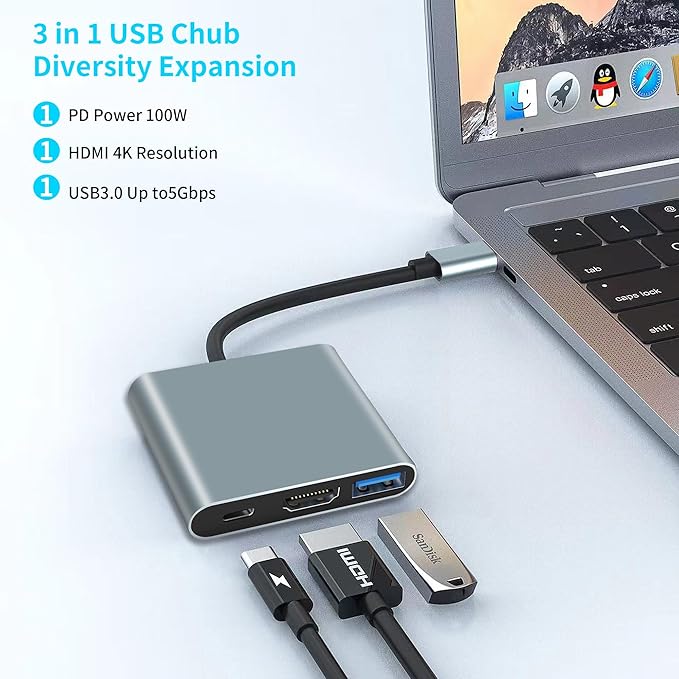 USB C Adapter, USB C to HDMI Multiport Adapter, USB C Hub, USB C to USB Adapter with 4K HDMI, USB 3.0, 100W Power Delivery, for iPhone 15, Samsung, MacBook, iPad pro, Chromebook, Dell, Switch