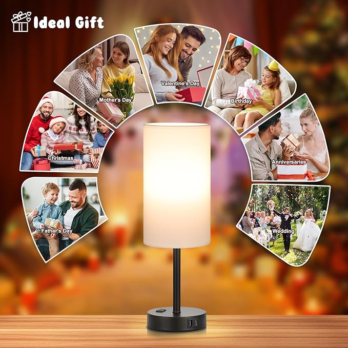 PartageiZ 17.4inches Tall White Bedroom Lamps Set of 2-3 Way Dimmable Touch Table Lamps with USB C and A Ports, Lamps for Nightstand with AC Outlet, Desk Lamps with Black Base for Office