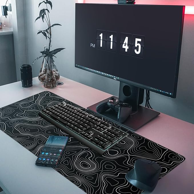 Topographic Gaming Mouse Pad Large Desk Mat,Black Mouse Pad Gaming Desk Pad,31.5 x 11.8 Keyboard Pad Minimalist Mouse Pads for Desk,Extended Mouse Mat Mousepad with Non-Slip Base and Stitched Edge