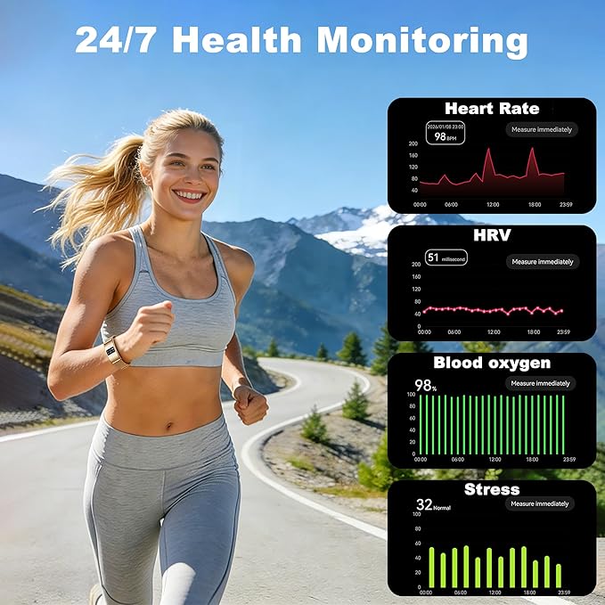 Smart Bracelet for Women Men, Activity & Fitness Trackers/SpO2/Heart Rate/Sleep Stress/1ATM Waterproof,Automatic Monitoring Wearable Fitness Tracker with Free App,2 Bands (Golden)