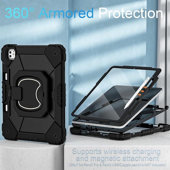 WESOROL Case for iPad Pro 13 Inch M5 2025 / M4 2024 (7th Gen) with Screen Protector/360° Rotating Stand/Pencil Holder/Shoulder Strap,Military Grade Shockproof iPad Case 13 Inch iPad Pro M5/M4,Black