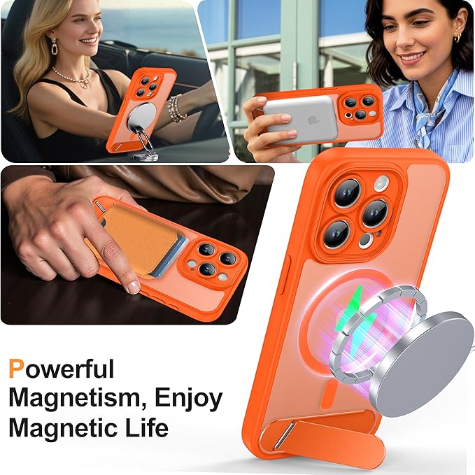 Magnetic Compatible with iPhone 15 Pro Case, [Built-in Kickstand][Full Camera Protection][Compatible with MagSafe][Anti-Fingerprint] Shockproof Phone Case for iPhone 15 Pro 6.1",Orange