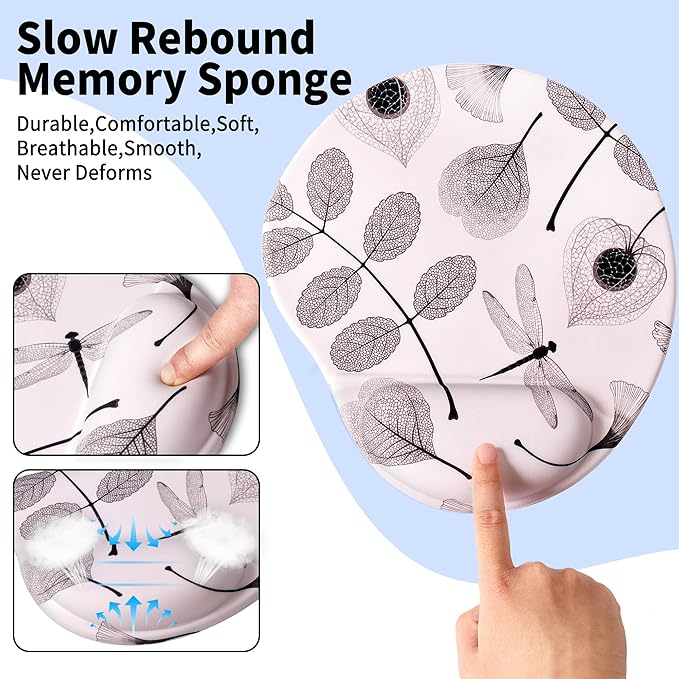 Ergonomic Mouse Pad with Wrist Support Cute Mouse pad with Wrist Rest,Comfortable Mouse Wrist Pad for Office Gaming Home Computers Laptop,Pain Relief with Non-Slip PU Base (Off-White Leaf)