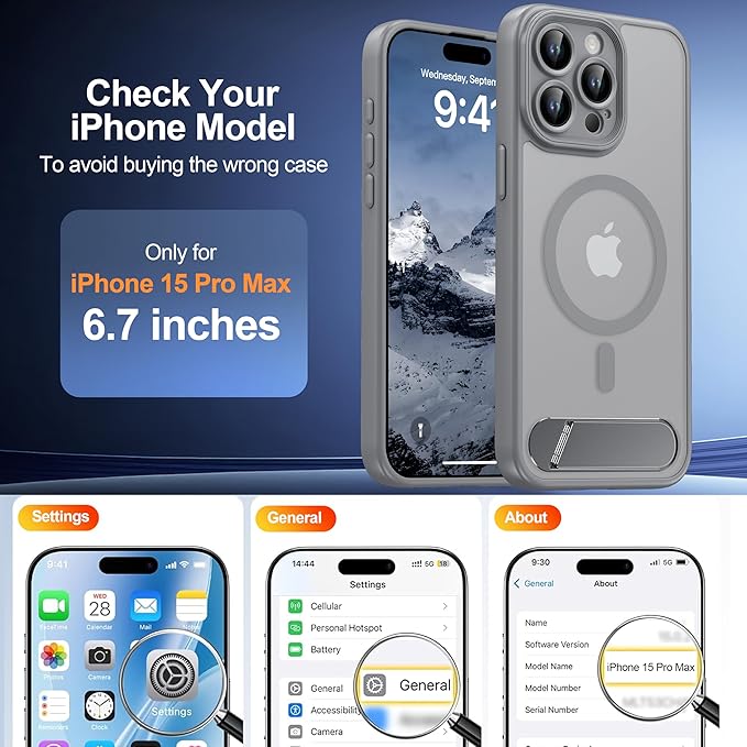 Magnetic Compatible with iPhone 15 Pro Max Case, [Built-in Kickstand][Full Camera Protection][Compatible with MagSafe][Anti-Fingerprint] Shockproof Phone Case for iPhone 15 Pro Max 6.7",Grey