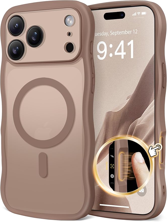 CAPRARO Magnetic for iPhone 17 Pro Max Case for Women Girls, Upgraded [Full Camera Protection] [Compatible with MagSafe] Cute Wave Translucent Matte Phone Case for iPhone 17 Pro Max, Clear Brown