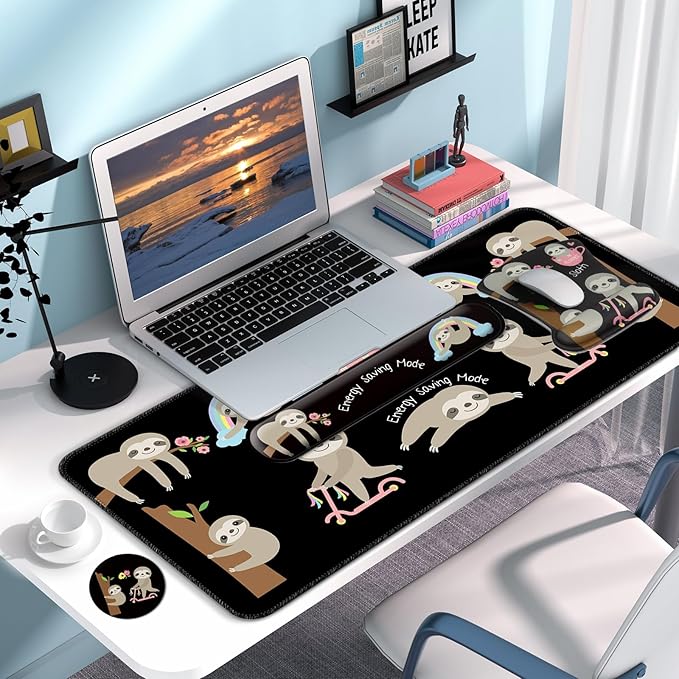 Desk Mat Set + Keyboard and Mouse Pad with Wrist Rest Support,4-in-1 Large Mousepad Computer Mats for Desktop Home & Office -Sloths