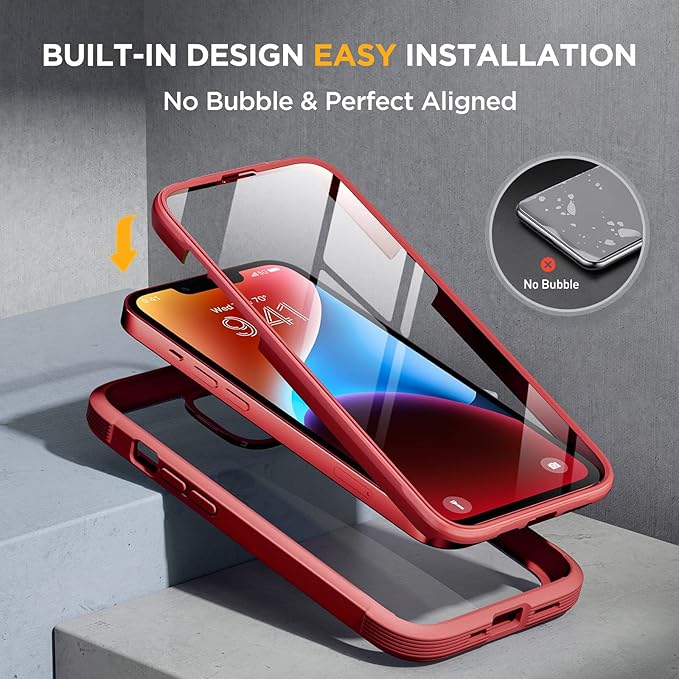 Miracase Glass Series Designed for iPhone 14 Case 6.1 inch, 2023 Upgrade Full-Body Clear Bumper Case with Built-in 9H Tempered Glass Screen Protector and Camera Lens Protector,Red