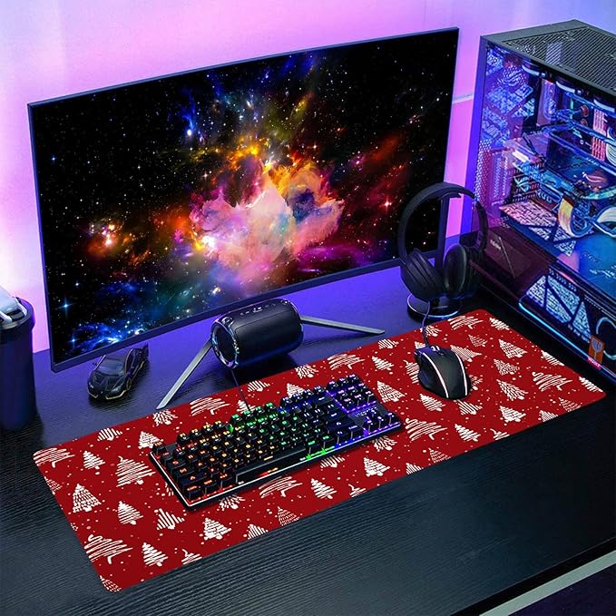 Red Christmas Mouse Pad Christmas Tree Xmas Holiday Winter Extended Desk Mat 80X30 cm Non-Slip Rubber Base Stitched Edge Large XL Mousepad for Desk Gaming Laptop Desktop,31.5×11.8 Inch