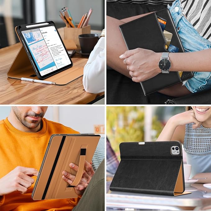 DTTO for iPad Pro 11 inch Case (M5/M4) 2025/2024, Premium Leather Business Folio Stand Cover with Pencil Holder - Auto Wake/Sleep and Multiple Viewing Angles, Black