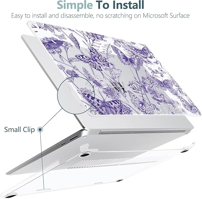 Hard Case for 15-inch Microsoft Surface Laptop Copilot+ PC 2024 (7th Ed) Fashionable Lightweight Floral Design Clear Laptop Shell, with TPU Keyboard Cover & OTG Adapters, Butterfly
