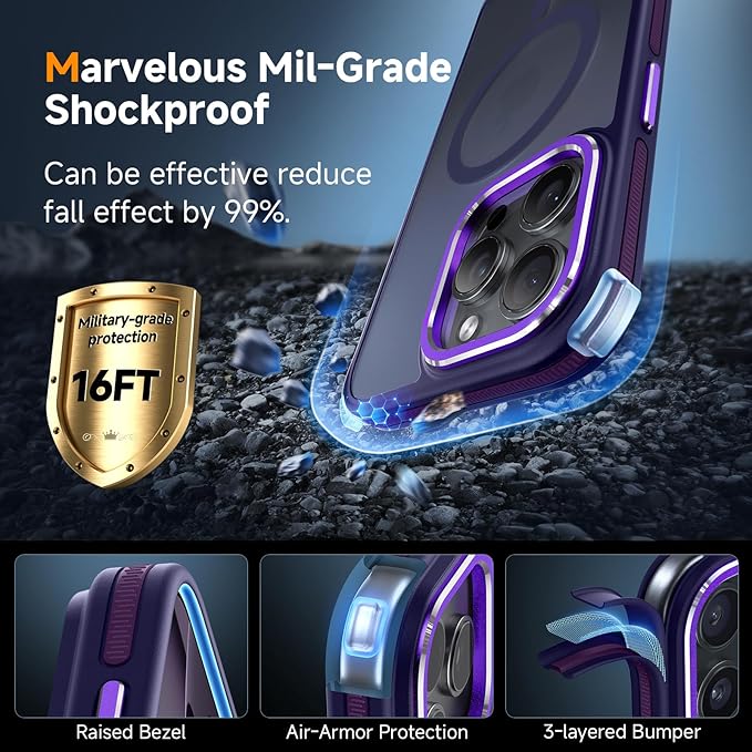 Magnetic 3 in 1 for iPhone 16 Pro Case, [Omni-Directional Protection] with 1x Screen Protector + 1x Camera Cover, [Seamless Work with Magsafe] Shockproof Slim Thin Matte Case for iPhone 16 Pro Purple