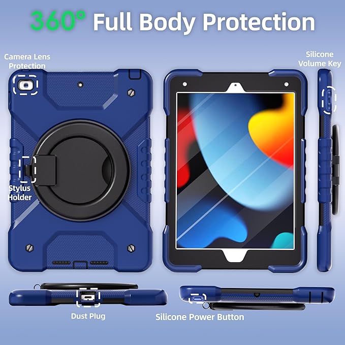 Andnary Case for iPad 9th/8th/7th Generation 10.2 inch, Shockproof Cover with Screen Protector/360° Rotating Handle/Bracket/Pen Holder/Shoulder Strap, Kids Case for iPad 2021/2020/2019 (Navy+Black)