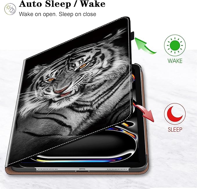 Case for iPad Pro 13 inch (M5/M4) 2025/2024, Premium Leather Folio Stand Protectors Cover with Auto Wake/Sleep, Pencil Holder, Hand Strap and Card Slots - Black Tiger