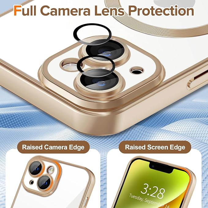 Hython Magnetic Clear for iPhone 14 Plus Case with Camera Lens Protector [Compatible with MagSafe] Luxury Plating Edge Slim Soft TPU Cover Protective Phone Case for iPhone 14 Plus, Matte Desert Brown