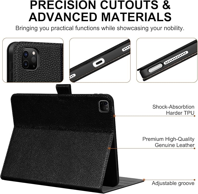 Genuine Leather Case for iPad Pro 12.9 inch 6th/5th/4th/3rd Generation 2022/2021/2020/2018 | with Pencil Holder and Adjustable Stand, Magnetic Closure, Auto Wake/Sleep Cover | Black