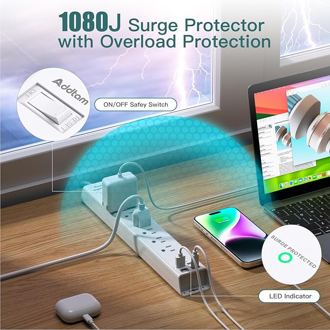 Addtam Power Strip Surge Protector - 15ft Long Extension Cord with 6 Outlets and 4 USB Ports (2 USB C), Ultra Flat Plug Wall Mount, Heavy Duty Charging Station for Home Office Dorm
