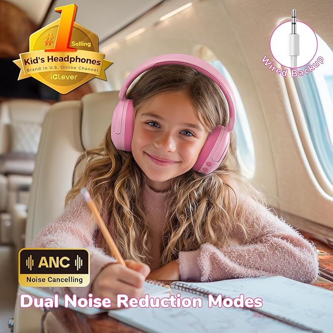 iClever BTH20 Active Noise Cancelling Headphones for Kids, 60H Play Time,Type C Fast Charging, Safe Volume 80dBA, Bluetooth5.4, Award-Winning Kids Headphones Wireless for iPad Tablet Airplane, Pink
