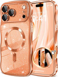 GVIEWIN for iPhone 17 Pro Case Compatible with MagSafe, Upgraded [Full Camera Protection][Cute Wave Frame][Military Grade Protection] Electroplated Hard Phone Cover for Women Girl, Glitter/Orange
