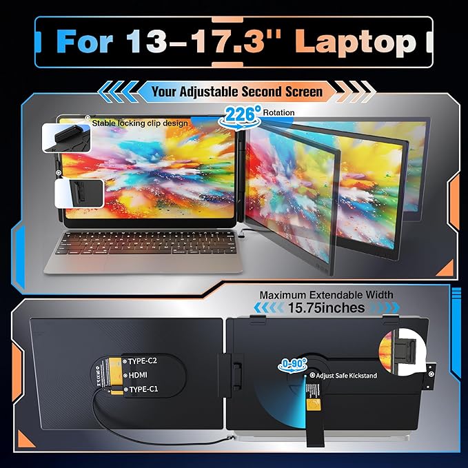 Laptop Screen Extender 14", Ultra Thin 0.27'' FHD 1080P Portable Monitor for Laptop 13-17.3", Plug n Play Extra Monitor Extender, Eye Care Second Screen for MacBook/Windows/Android/Switch/PS5