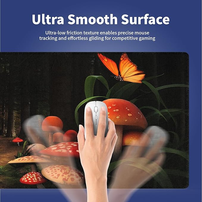 XXL Gaming Mouse Pad with Stitched Edges for PC Home & Office - Mushrooms in Deep Dark Forest Fantasy Nature Earth Path Mystical Design, Smooth Fabric Surface Anti-Slip Base Large Desk Mat