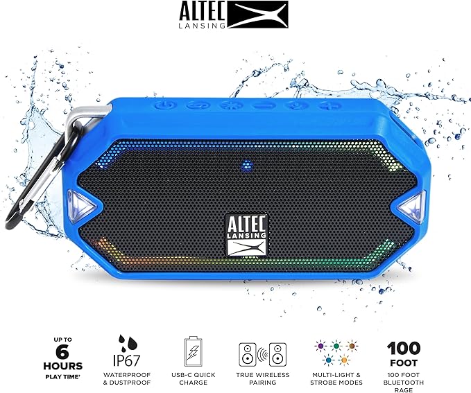 Altec Lansing - HydraMini Wireless Bluetooth Speaker, IP67 Waterproof USB C Rechargeable Battery with 6 Hours Playtime, Compact, Shockproof, Snowproof, Everything Proof (Royal Blue)