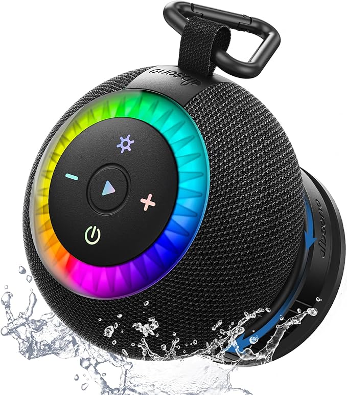 Shower Speaker Bluetooth Waterproof Portable: 360° Surround Sound, IPX7 Suction Cup Removable with Vacuum Exhaust Knob, RGB Lights, Beach/Pool/Camping/Kayak Essentials, Gifts for Mom Teens-Black