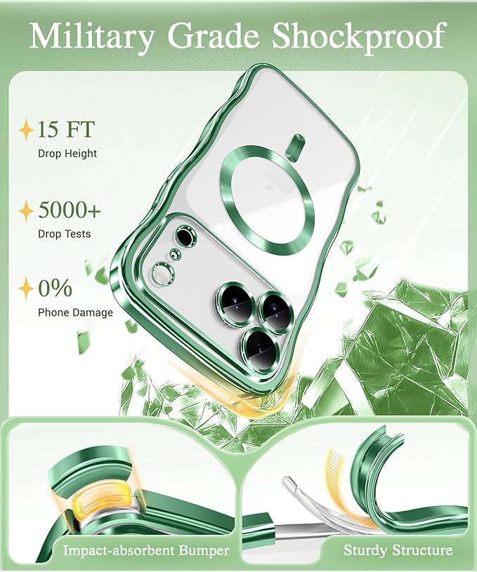 GVIEWIN for iPhone 17 Pro Max Case Compatible with MagSafe, Upgraded [Full Camera Protection][Cute Wave Frame][Military Grade Protection] Electroplated Hard Phone Cover for Women Girl, Clear/Green