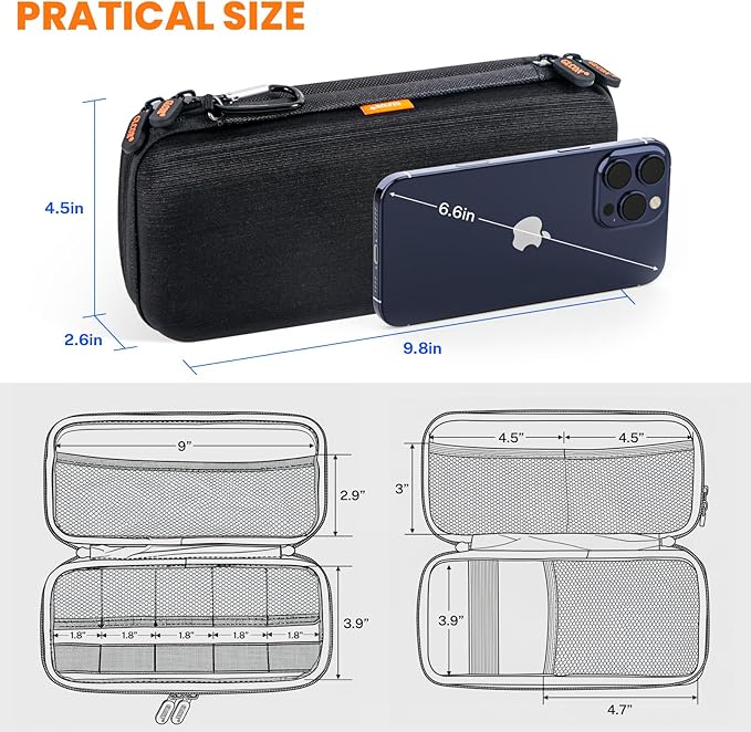 Double-Layer Hard Shell Carrying Case - Electronics Organizer Travel Case with Multiple Pocket - Portable Tech Accessories Zipper Pouch Bag for Cord, Cable, Charger, Phone, Power Bank, USB, SD Card