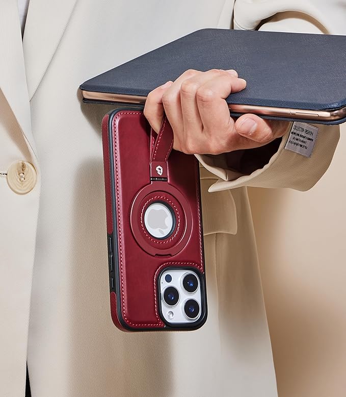 Butaiga for iPhone 14 Pro Leather Case with Stand, Anti-Slip Grip Ring, Fits for MagSafe (Burgundy, iPhone 14 Pro)