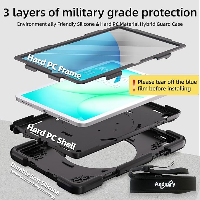 Andnary Case for Samsung Galaxy Tab A11+ Plus/A9+ 11 Inch 2025/2023, Tablet Case for Samsung Galaxy A9 Plus/A11+ with Screen Protector/360° Rotating Stand/Pen Holder/Shoulder Strap (Black)