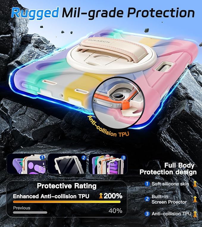 BRAECNstock Kids Case for Apple iPad mini 7 (A17 Pro) 2024/ Mini 6 8.3" Shockproof Protective iPad mini 7th/6th Gen Case with Screen Protector Pen Holder [Rotating Stand+Hand Strap], Colorful Pink