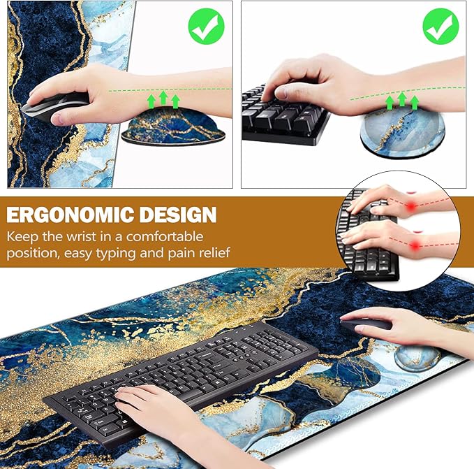 Upgraded Extended Gaming Mouse Pad, Keyboard Wrist Rest Pad, Wrist Support Mousepad Set, Artso Large Stable Rubber Base Stitched Edges, Multifunctional Desk Pad (35 x15.5 in), Blue Marble