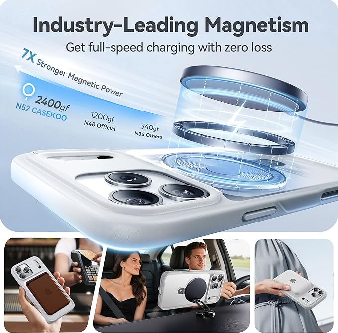 CASEKOO Ultra-Magnetic Stand for iPhone 17 Pro Max Case [Military Drop Protection] [Compatible with MagSafe] Shockproof Translucent Matte Slim Ring for iPhone 17 Pro Max Phone Case 6.9", White